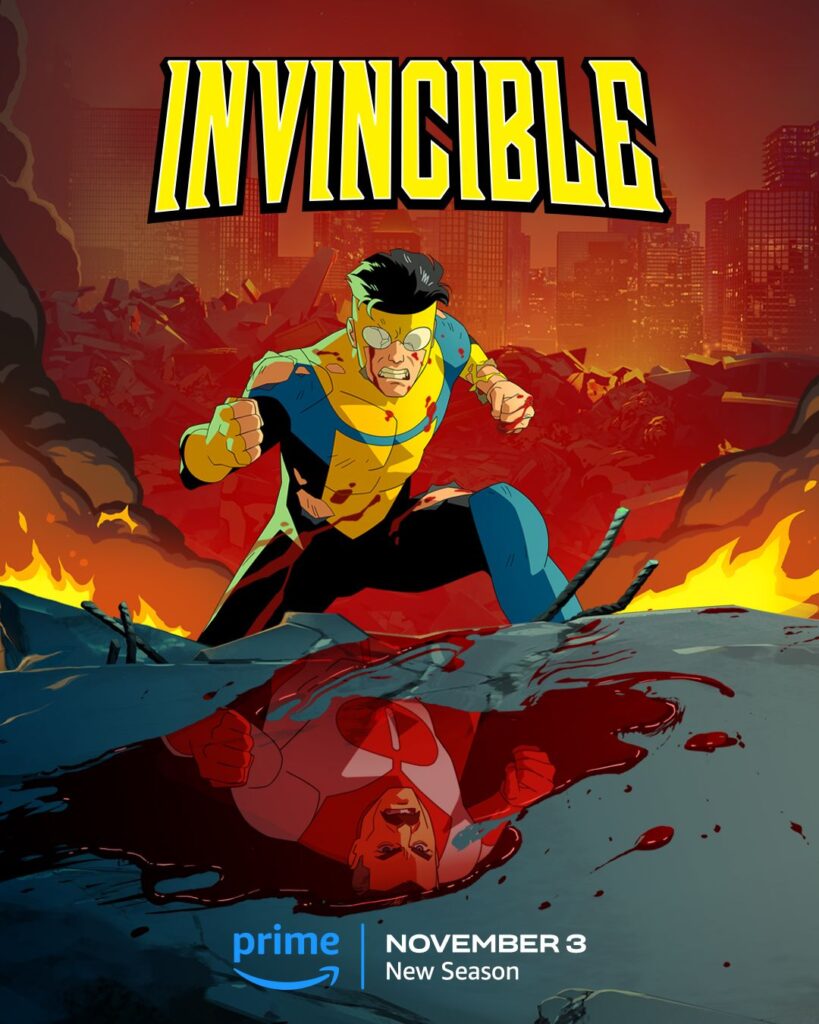 A poster for Invincible season 2 featuring Mark kneeling in front of a pool of blood and his reflection is his father's image. 